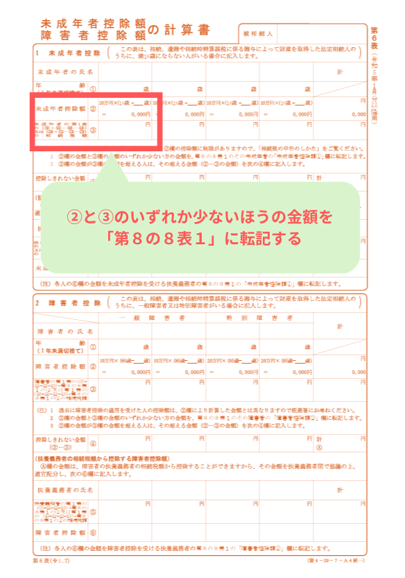 未成年者控除額・障害者控除額の計算書