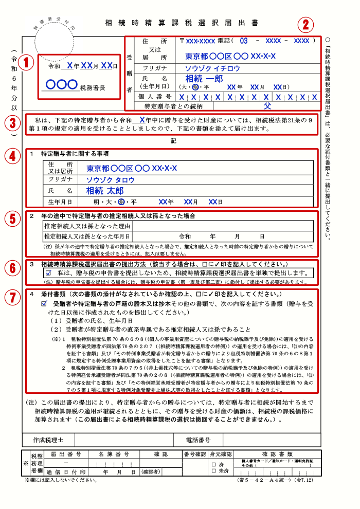 相続時精算課税選択届出書の記入例