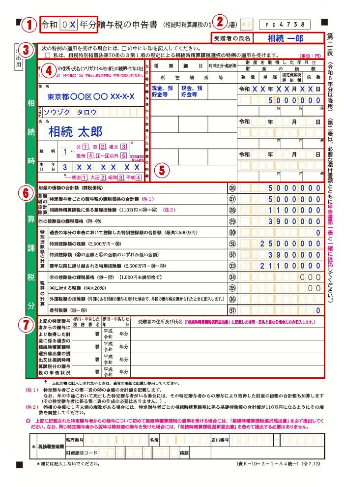 贈与税申告書（第２表）の記入例