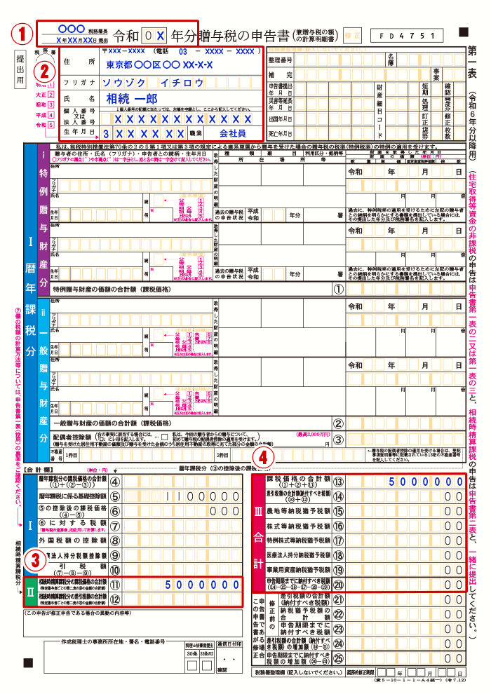 贈与税申告書（第１表）の記入例