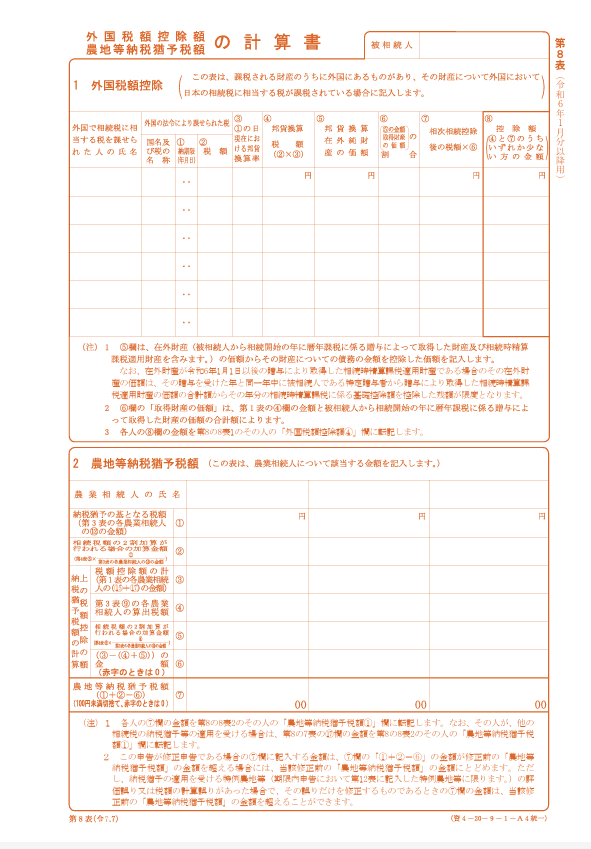 相続税申告書「第８表（外国税額控除額・農地等納税猶予額の計算書）」