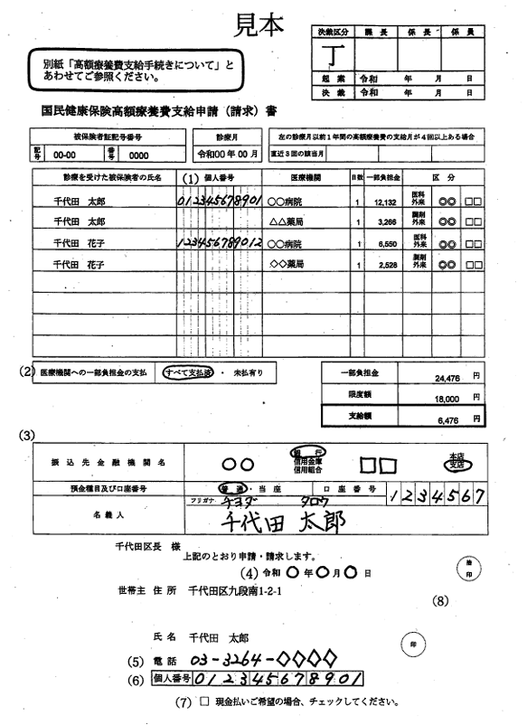 高額療養費支給申請請求書の見本