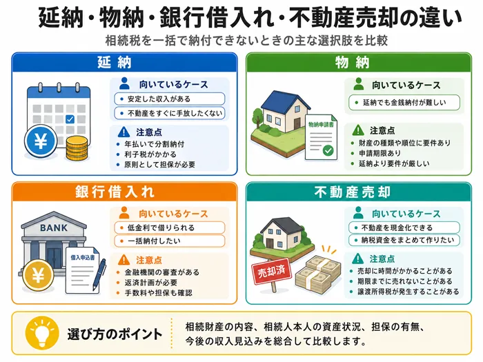 延納・物納・銀行借り入れ・不動産売却の違い
