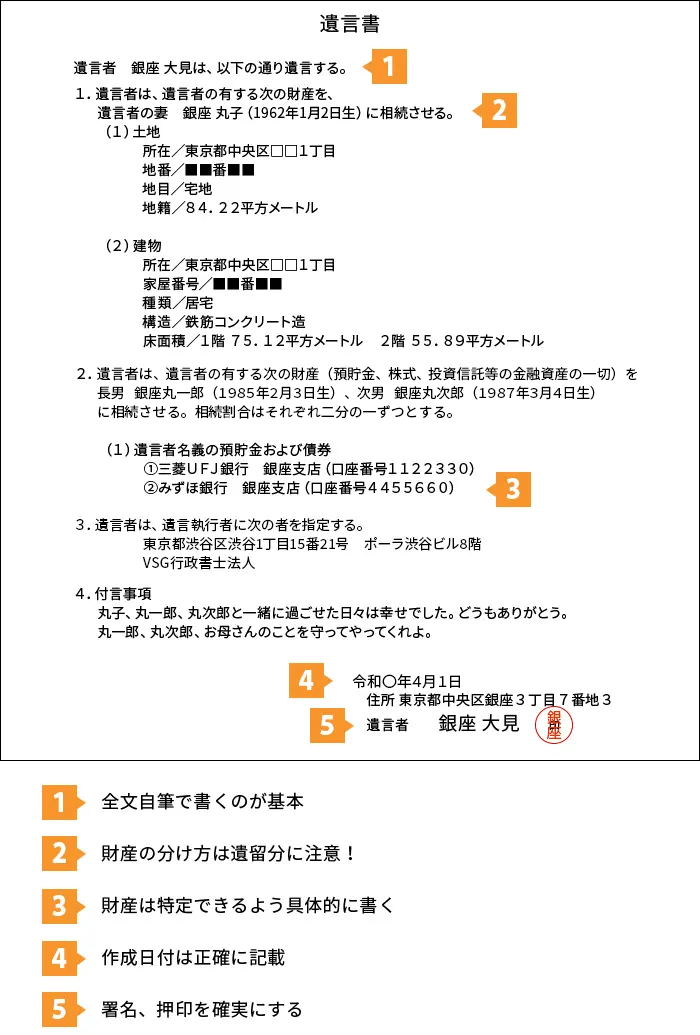 標準的な遺言書の文例・見本