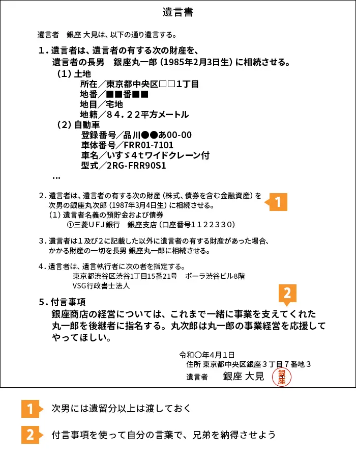 特定の子どもに事業を継がせる場合（個人事業）の文例・見本