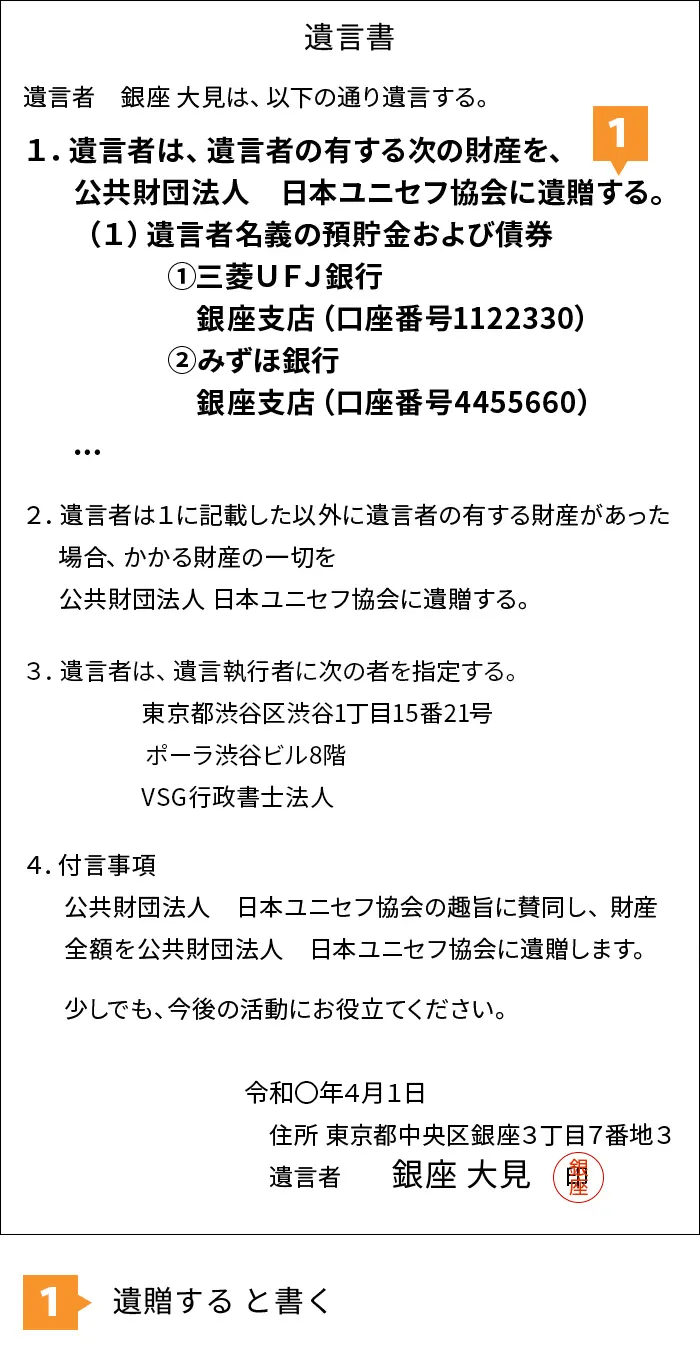 財産を特定の団体に寄付したい場合の文例・見本