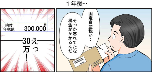 1年後・・「固定資産税か・・そっか忘れてたな　税金がかかるんだ」「えっ 30万!」