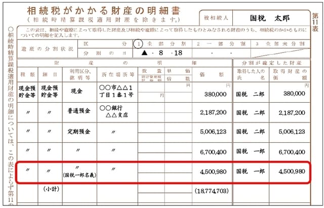 相続税申告書第11表の見本