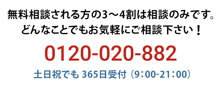 無料相談される方の3～4割は相談のみです。どんなことでもお気軽にご相談下さい！0120-020-882