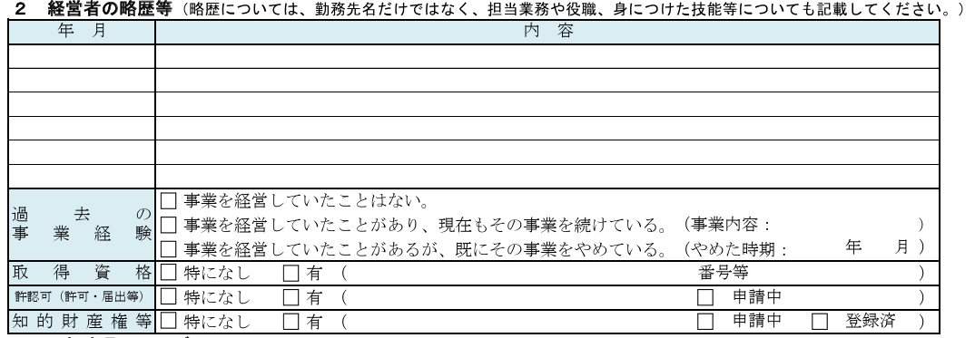 その2:経営者の略歴等【事業に関連する経験やスキルをアピールする】