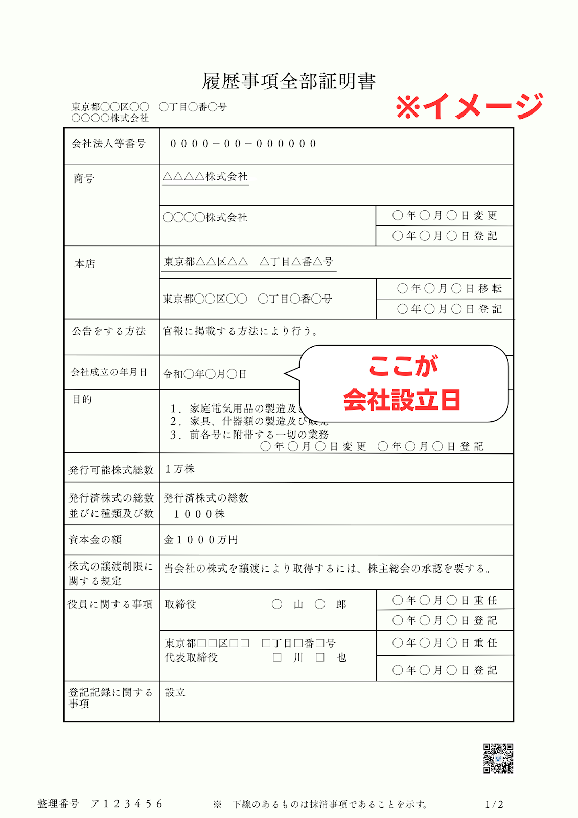 「履歴事項全部証明書」のサンプルイメージ