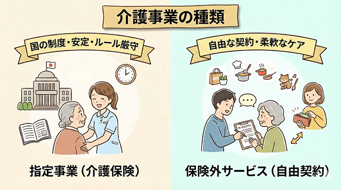 介護の起業は2種類ある:介護保険の指定事業と保険外サービスの違いとは