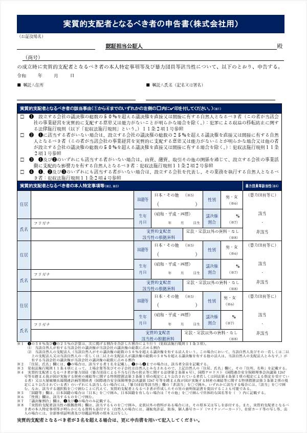 実質的支配者となるべき者の申告書・身分証のコピー