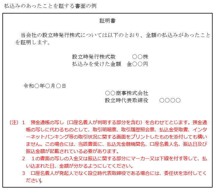 払込証明書(払込みを証する書面)