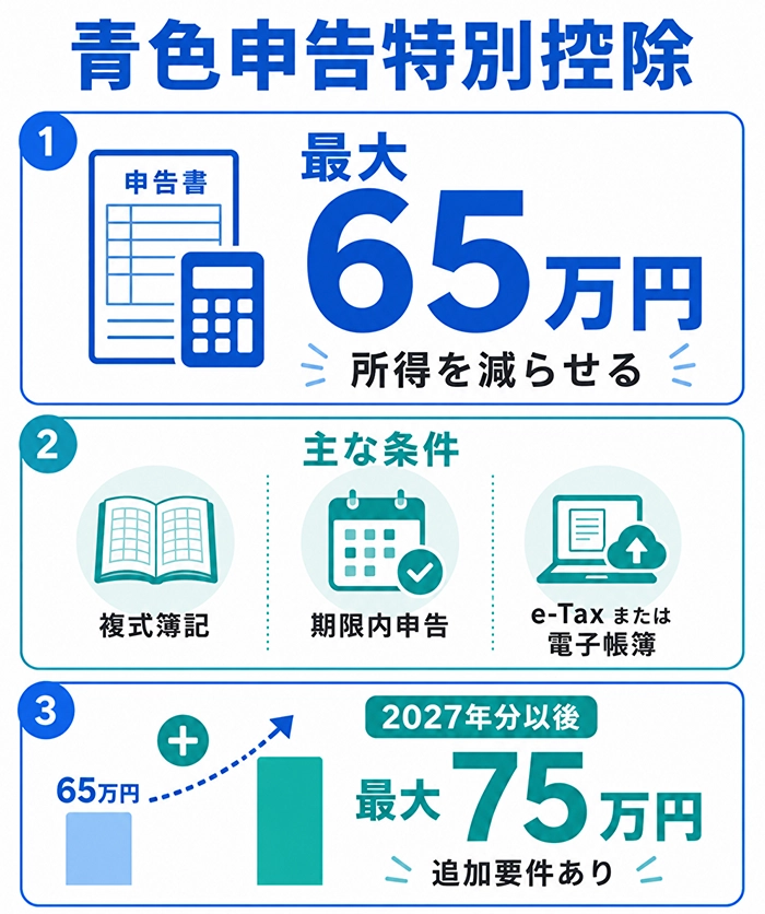 青色申告特別控除：所得を最大65万円（2027年からは最大75万円）減らせる