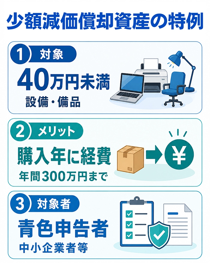 少額減価償却資産の特例：40万円未満の設備や備品を一括で経費にできる