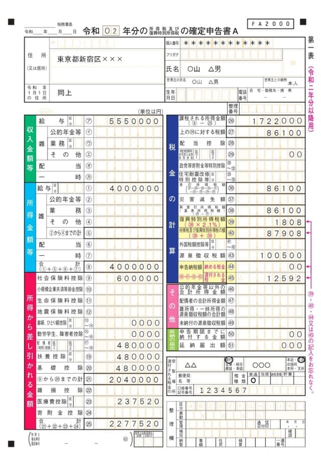 医療費控除の確定申告書A記載例